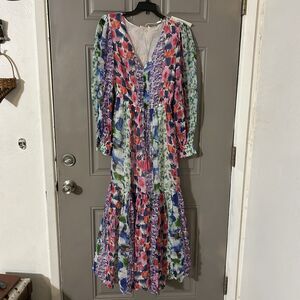 Anthropologie Mahila Chiffon Maxi Dress V-Neck Garden Floral Boho Wedding Small